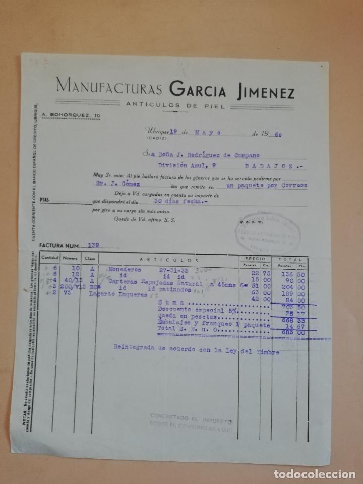 Old Invoices: FACTURA. ARTICULOS DE PIEL. MANUFACTURAS GARCIA JIMENEZ. UBRIQUE, CADIZ, 1960.