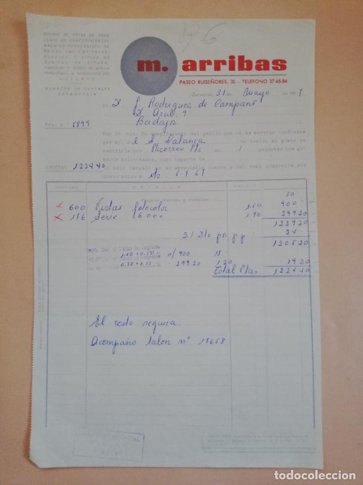 Old Invoices: FACTURA. ALMACEN DE POSTALES ESTAMPERIA. M. ARRIBAS. ZARAGOZA, 1967.
