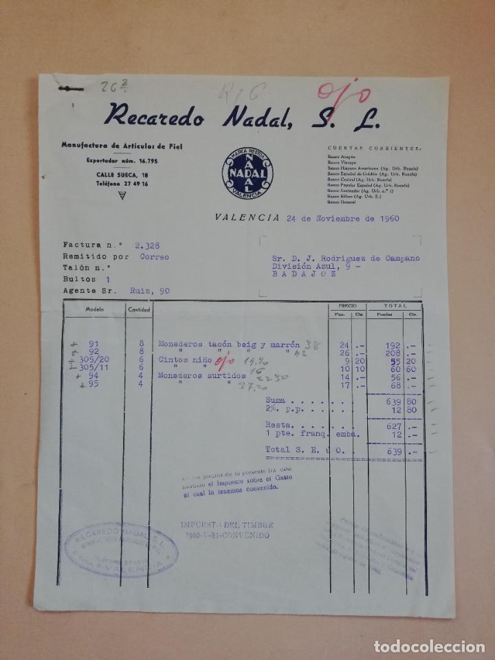 Old Invoices: FACTURA. MANUFACTURA DE ARTICULOS DE PIEL. RECADERO NADAL, S. L. VALENCIA, 1960.