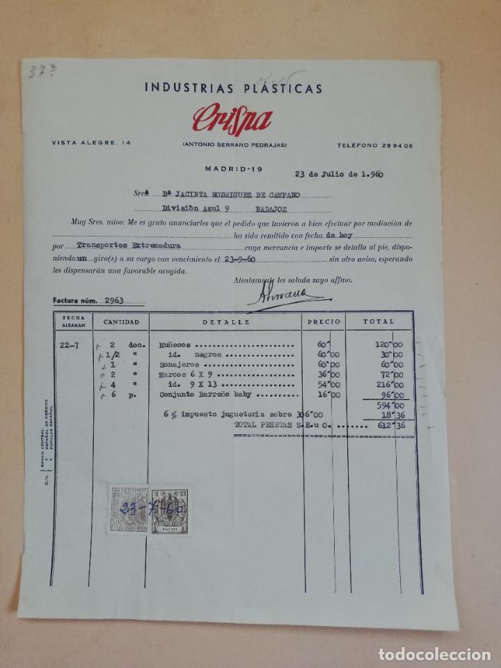 Old Invoices: FACTURA. INDUSTRIAS PLASTICAS. CRISNA. ANTONIO SERRANO PEDRAJAS. MADRID, 1960.