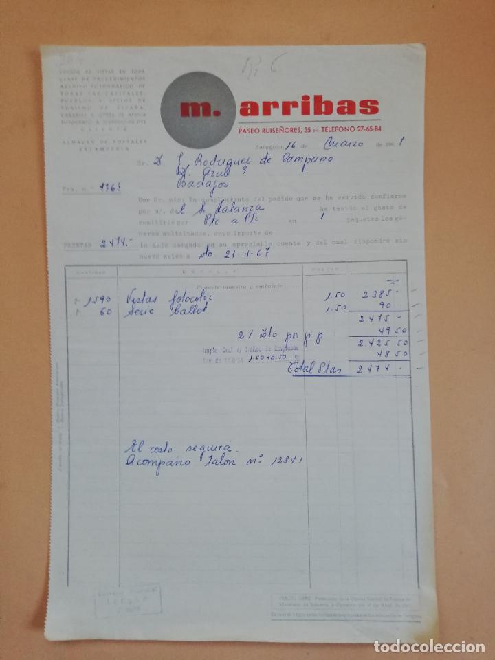Old Invoices: FACTURA. ALMACEN DE POSTALES ESTAMPERIA. M. ARRIBAS. ZARAGOZA, 1967.