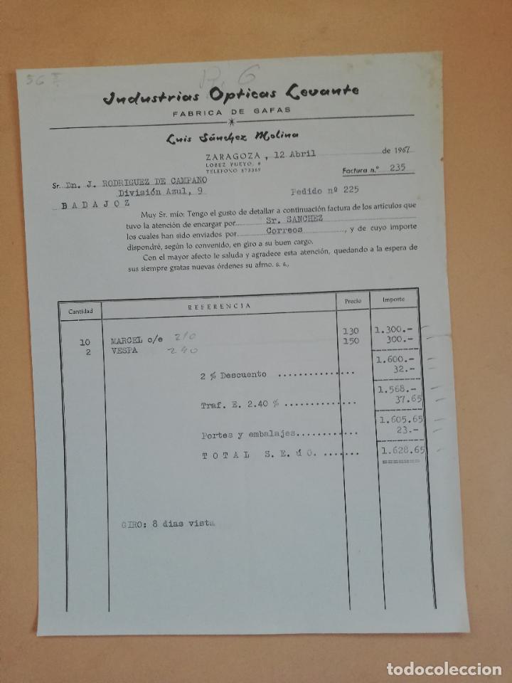 Old Invoices: FACTURA. FABRICA DE GAFAS. INDUSTRIAS OPTICAS LEVANTE. ZARAGOZA, 1967.