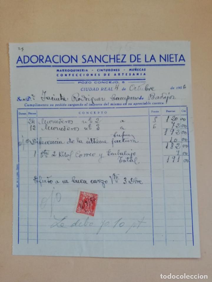 Old Invoices: FACTURA. CONFECCIONES DE ARTESANIA. ADORACION SANCHEZ DE LA NIETA. CIUDAD REAL, 1956.