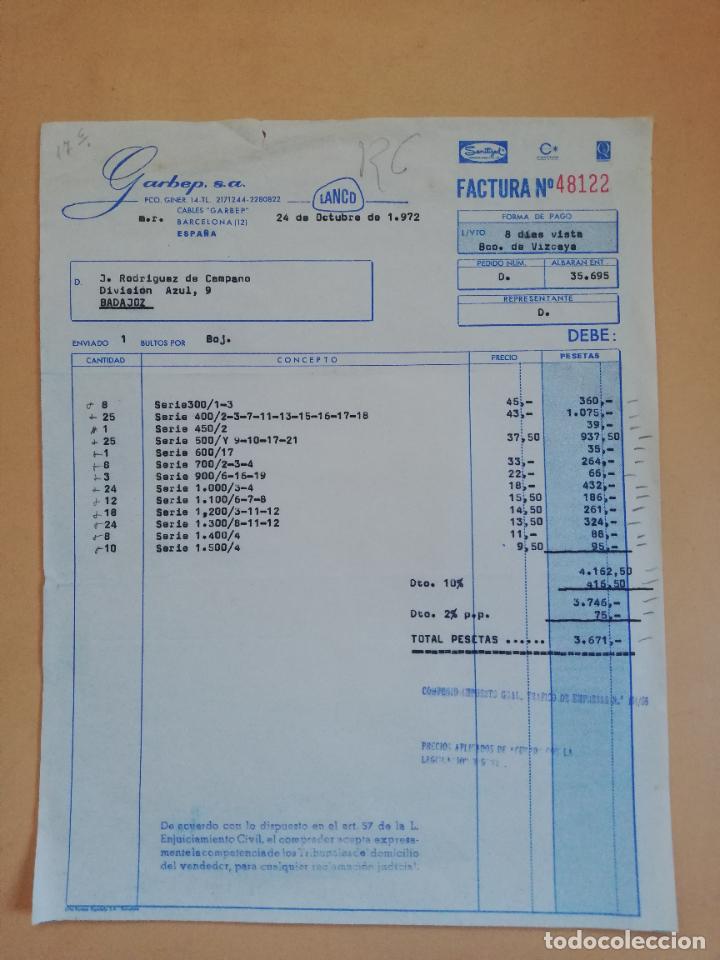 Old Invoices: FACTURA. GARBEP, S. A. CABLES GARBEP. BARCELONA. 1972.