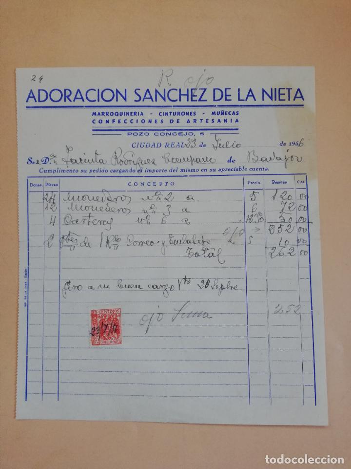 Old Invoices: FACTURA. CONFECCIONES DE ARTESANIA. ADORACION SANCHEZ DE LA NIETA. CIUDAD REAL, 1956.