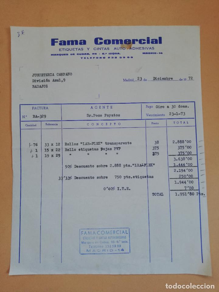 Factures anciennes: FACTURA. ETIQUETAS Y CINTAS AUTO ADHESIVAS. FAMA COMERCIAL. MADRID, 1972.