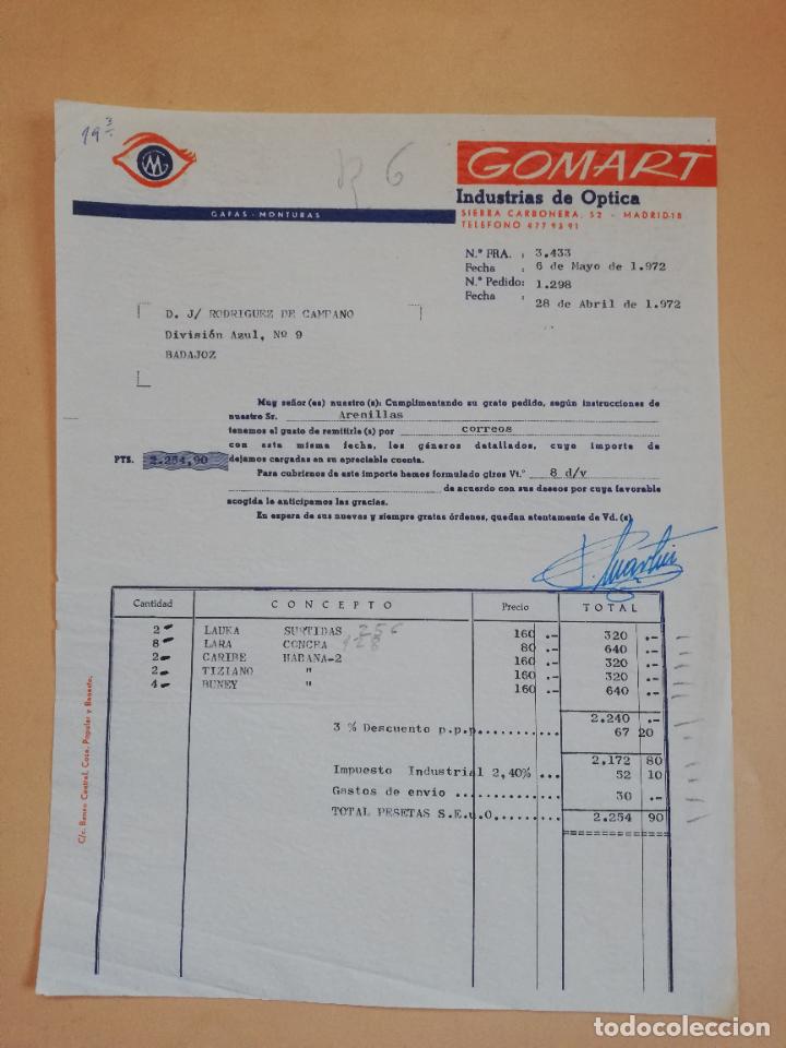 Factures anciennes: FACTURA. INDUSTRIAS DE OPTICA. GOMART. MADRID, 1972.