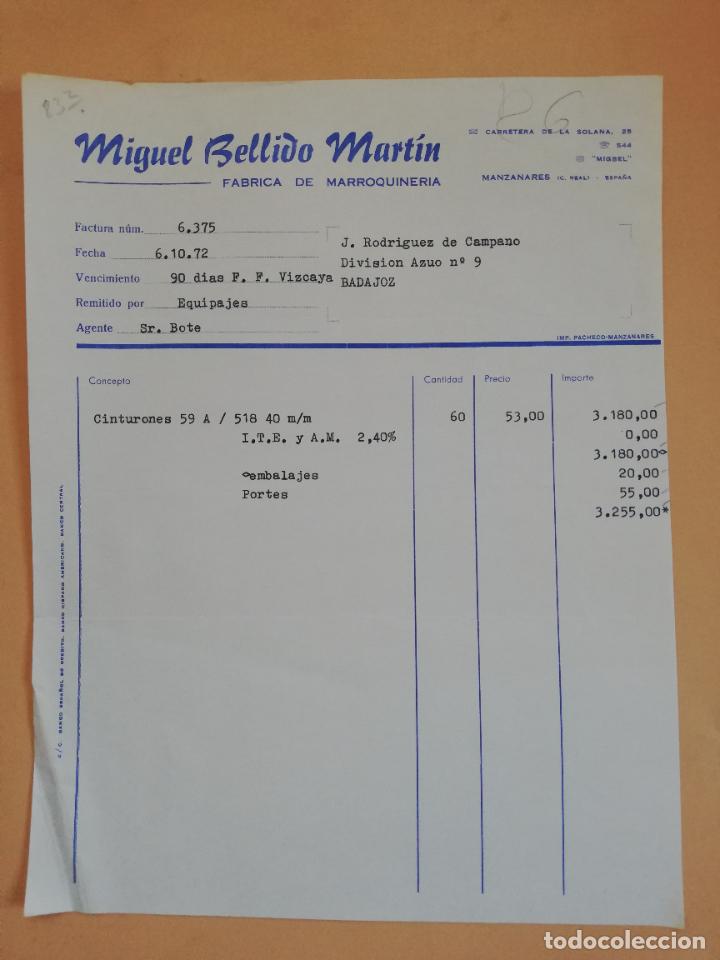 Factures anciennes: FACTURA. FABRICA DE MARROQUINERIA. MIGUEL BELLIDO MARTIN. MANZANARES, CIUDAD REAL, 1972.