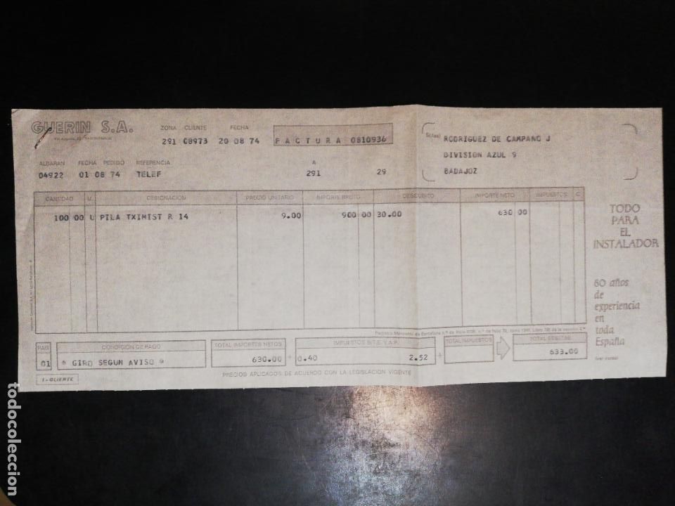 Old Invoices: FACTURA. GUERIN S.A. TODO PARA EL INSTALADOR. BADAJOZ, 1974.