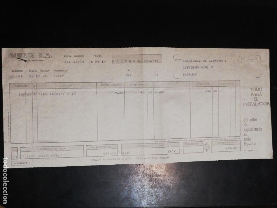 Old Invoices: FACTURA. GUERIN S.A. TODO PARA EL INSTALADOR. BADAJOZ, 1974.