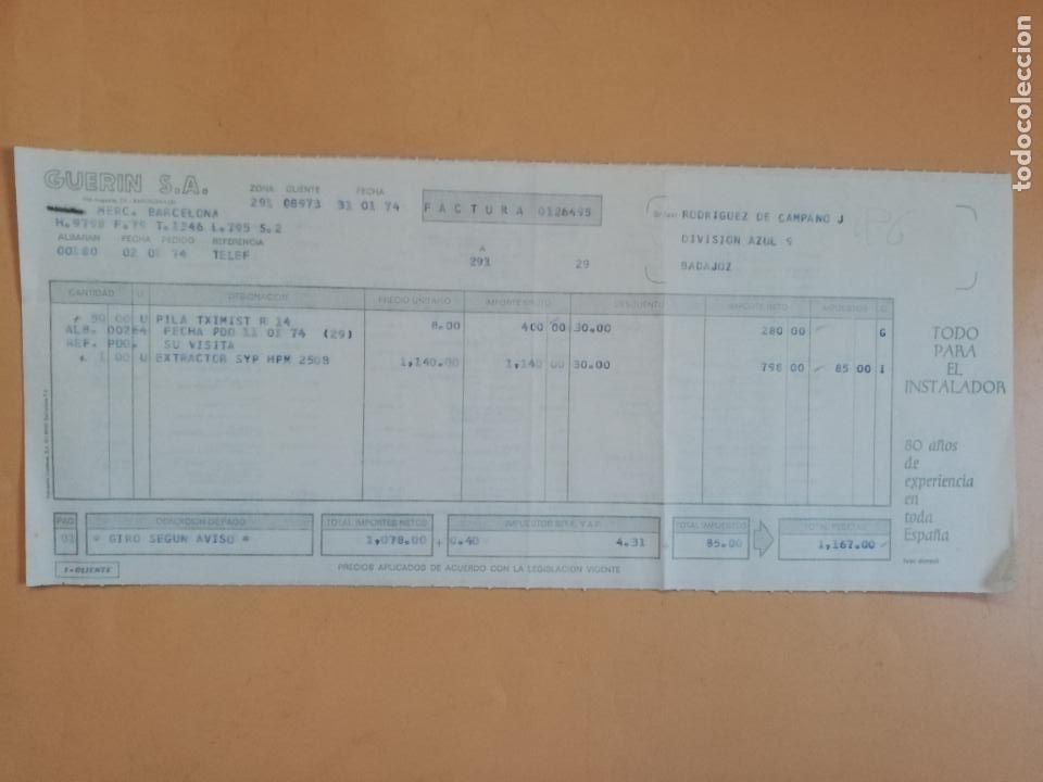 Old Invoices: FACTURA. GUERIN S.A. TODO PARA EL INSTALADOR. BADAJOZ, 1974. DOS HOJAS.