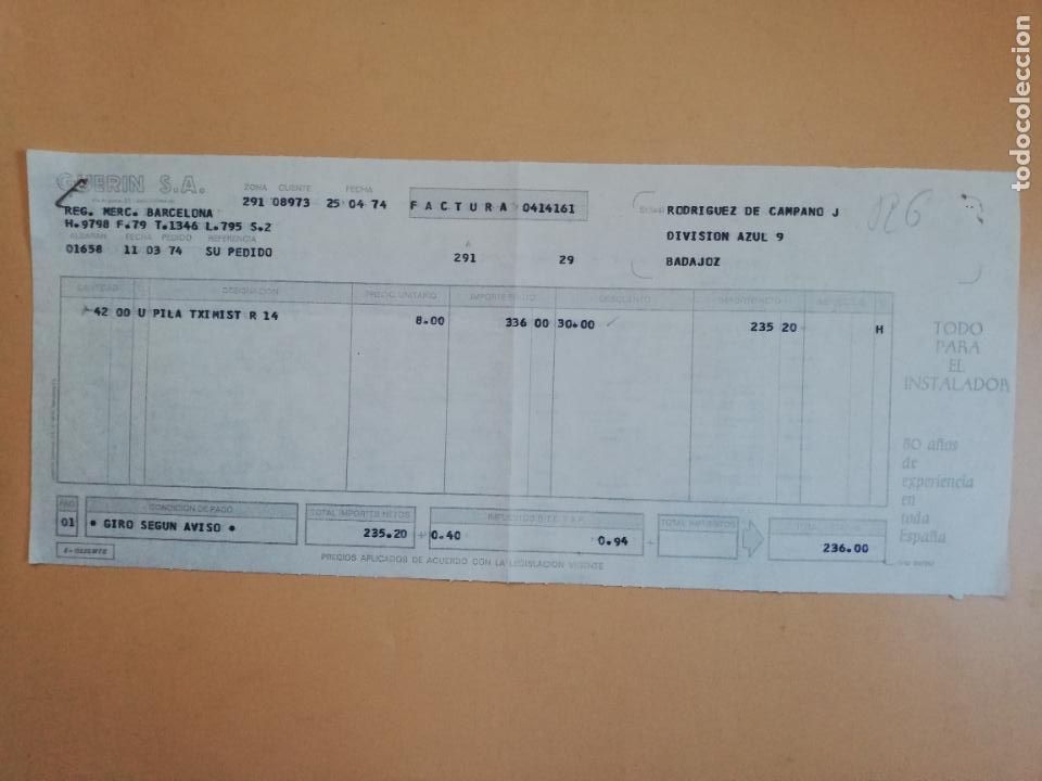Old Invoices: FACTURA. GUERIN S.A. TODO PARA EL INSTALADOR. BADAJOZ, 1974.