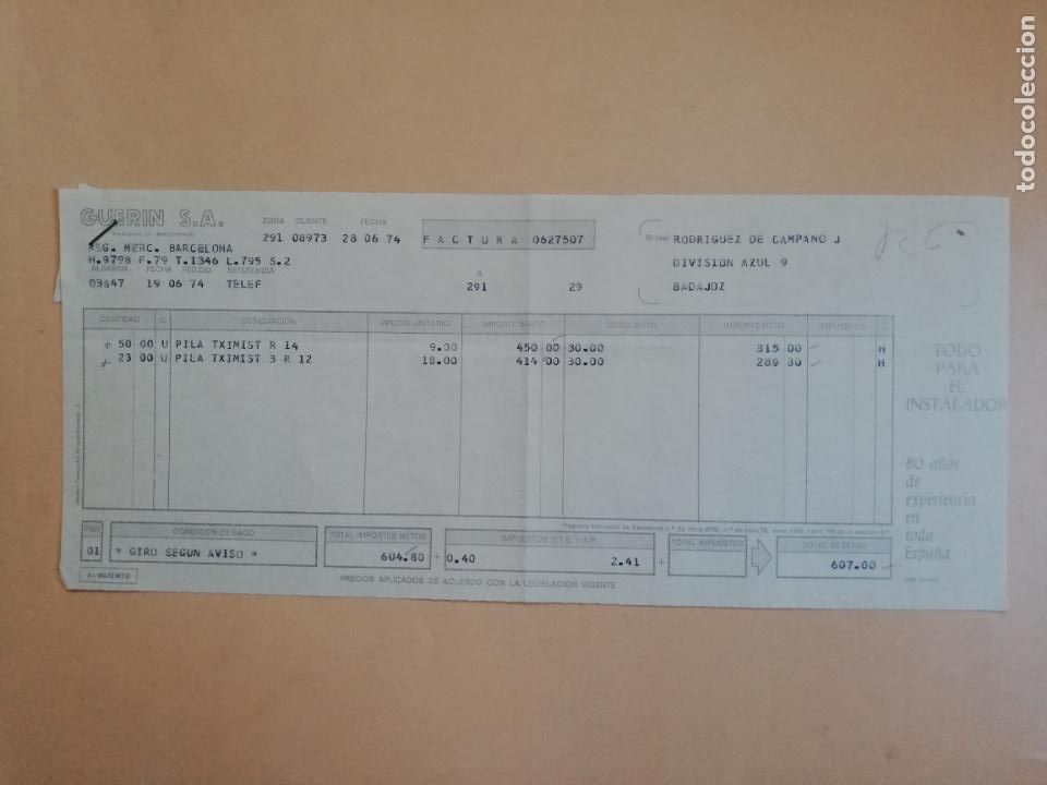 Old Invoices: FACTURA. GUERIN S.A. TODO PARA EL INSTALADOR. BADAJOZ, 1974.