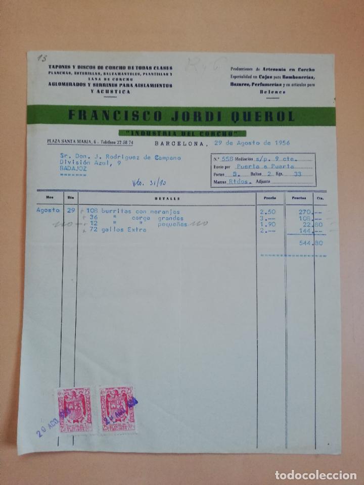 Old Invoices: FACTURA. TAPONES Y DISCOS DE CORCHO DE TODAS CLASES. FRANCISCO JORDI QUEROL. BARCELONA, 1956.