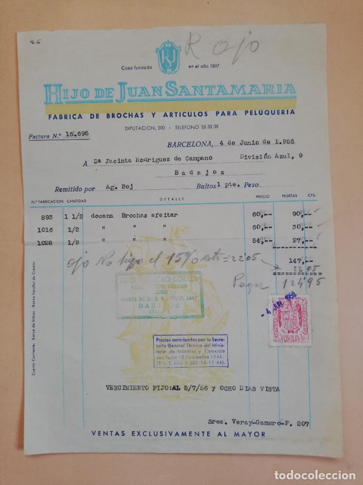 Old Invoices: FACTURA. FABRICA DE BROCHAS Y ARTICULOS PARA PELUQUERIA. HIJO DE JUAN SANTAMARIA. BARCELONA. 1956.