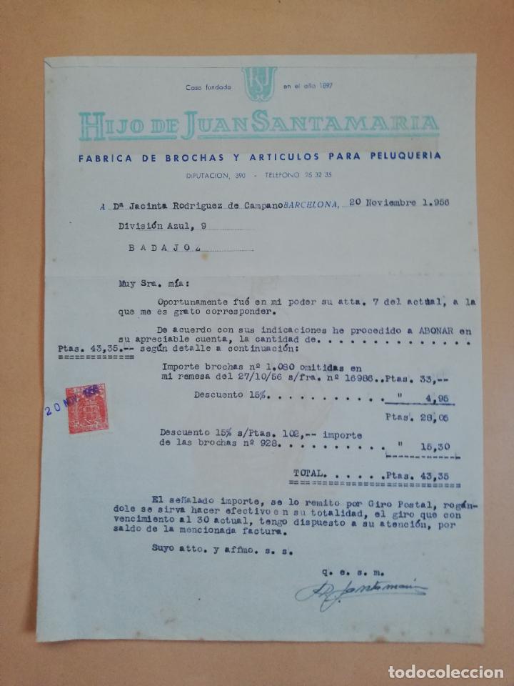 Old Invoices: FACTURA. FABRICA DE BROCHAS Y ARTICULOS PARA PELUQUERIA. HIJO DE JUAN SANTAMARIA. BARCELONA. 1956.