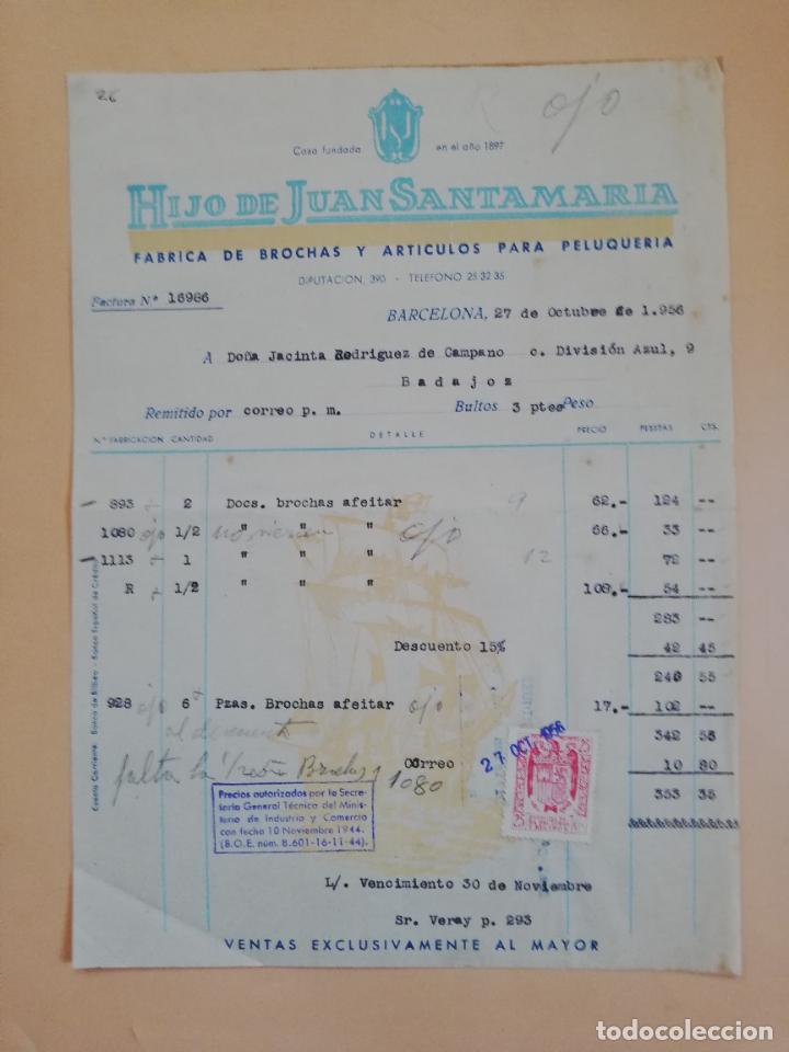 Old Invoices: FACTURA. FABRICA DE BROCHAS Y ARTICULOS PARA PELUQUERIA. HIJO DE JUAN SANTAMARIA. BARCELONA. 1956.