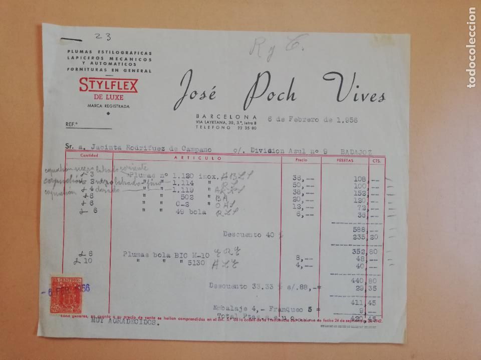 Old Invoices: FACTURA. PLUMAS ESTILOGRAFICAS. LAPICEROS MECANICOS. STYFLEX. JOSE POCH VIVES. BARCELONA. 1956.