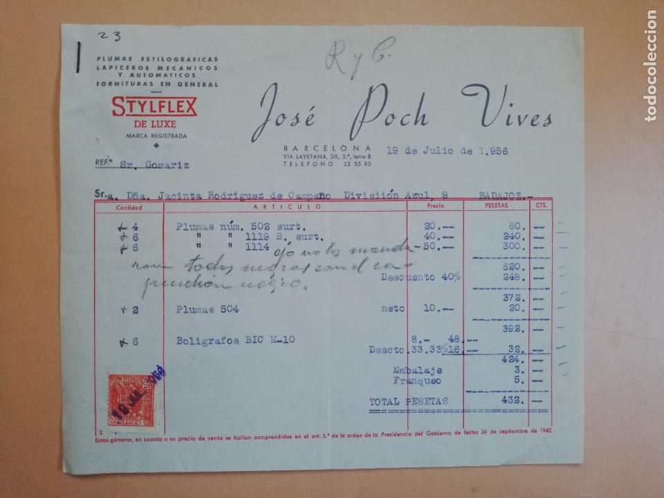 Old Invoices: FACTURA. PLUMAS ESTILOGRAFICAS. LAPICEROS MECANICOS. STYFLEX. JOSE POCH VIVES. BARCELONA. 1956.
