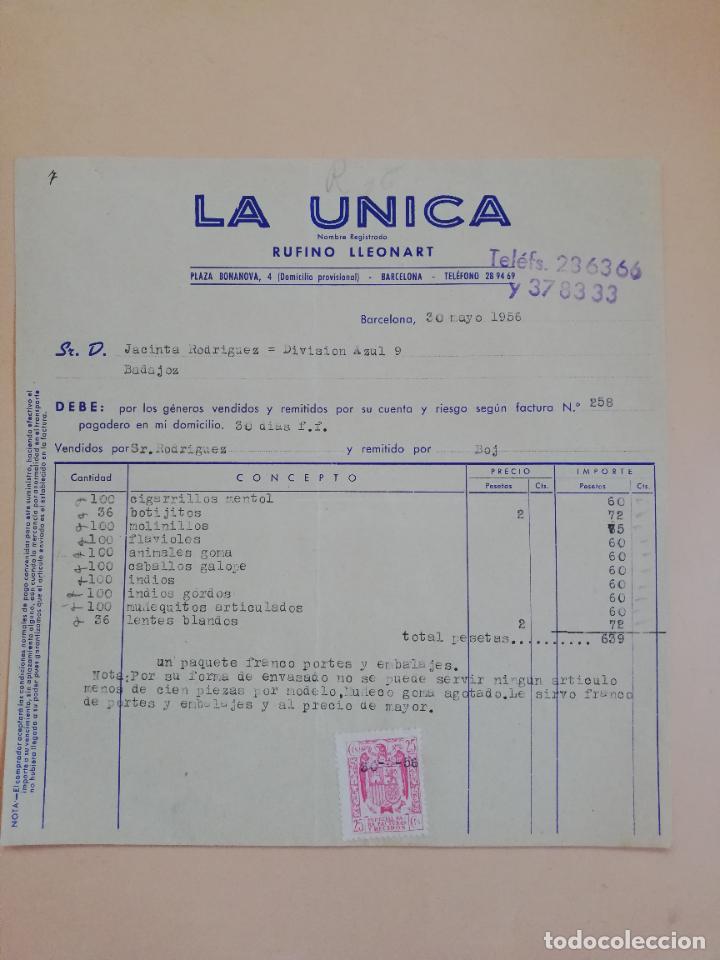 Old Invoices: FACTURA. LA UNICA. RUFINO LLEONART. BARCELONA. 1956.