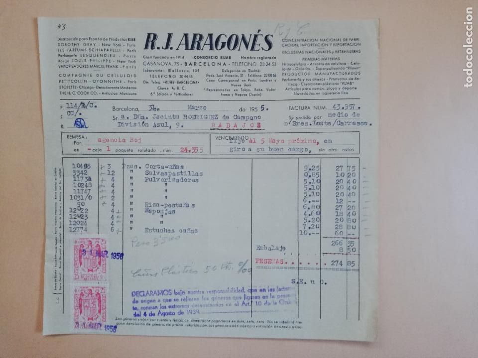 Old Invoices: FACTURA. R. J. ARAGONES. BARCELONA. 1956.