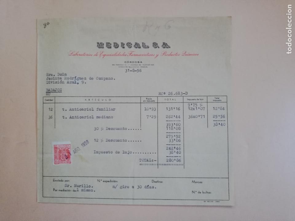 Old Invoices: FACTURA. LABORATORIOS DE ESPECIALIDADES FARMACEUTICAS. MEDICAL, S. A. CORDOBA. 1956.
