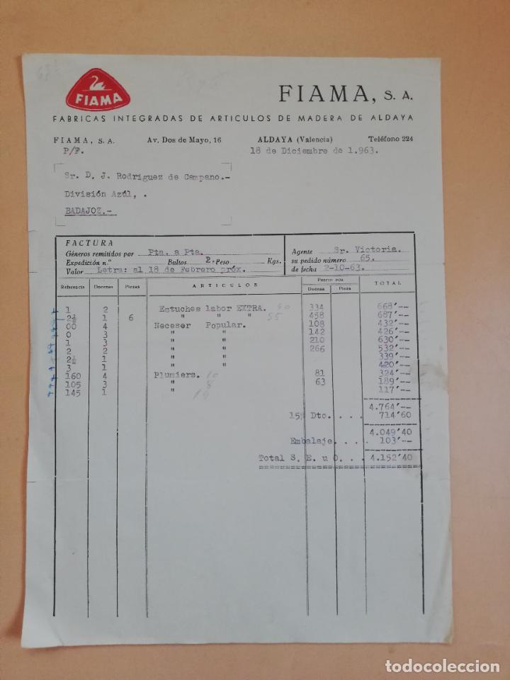 Old Invoices: FACTURA. FABRICAS INTEGRADAS DE ARTICULOS DE MADERA DE ALDAYA. FIAMA. ALDAYA, VALENCIA. 1963.