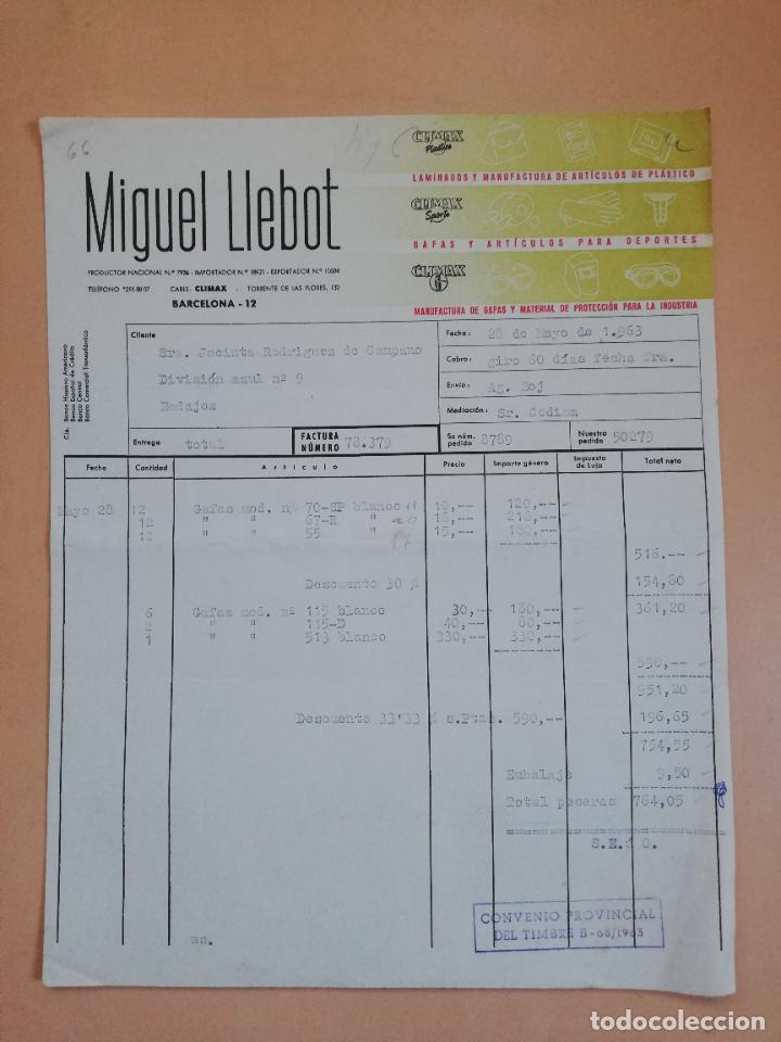 Old Invoices: FACTURA. MIGUEL LLEBOT. MANUFACTURA DE GAFAS DE PROTECCION PARA INDUSTRIA Y DEPORTE. BARCELONA, 1963