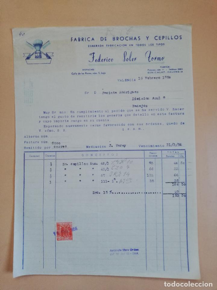 Old Invoices: FACTURA. FABRICA DE BROCHAS Y CEPILLLOS. FEDERICO SOLER TORMO. VALENCIA, 1956.
