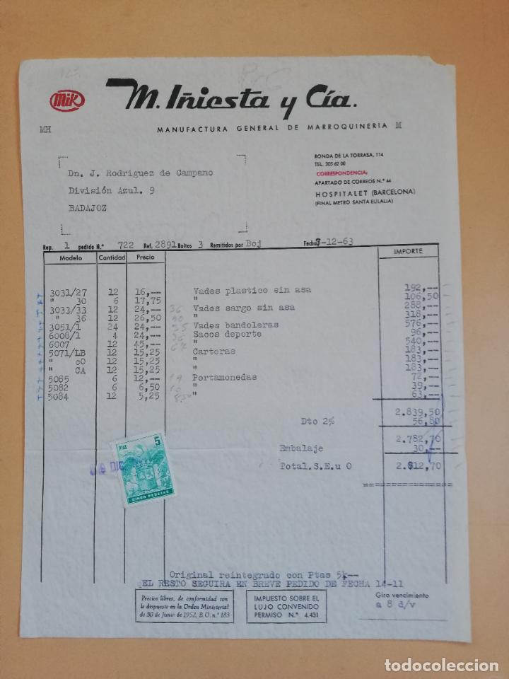 Old Invoices: FACTURA. MANUFACTURA GENERAL DE MARROQUINERIA. MIK, M. I&Ntilde;IESTA Y CIA. HOSPITALET, BARCELONA, 1963.