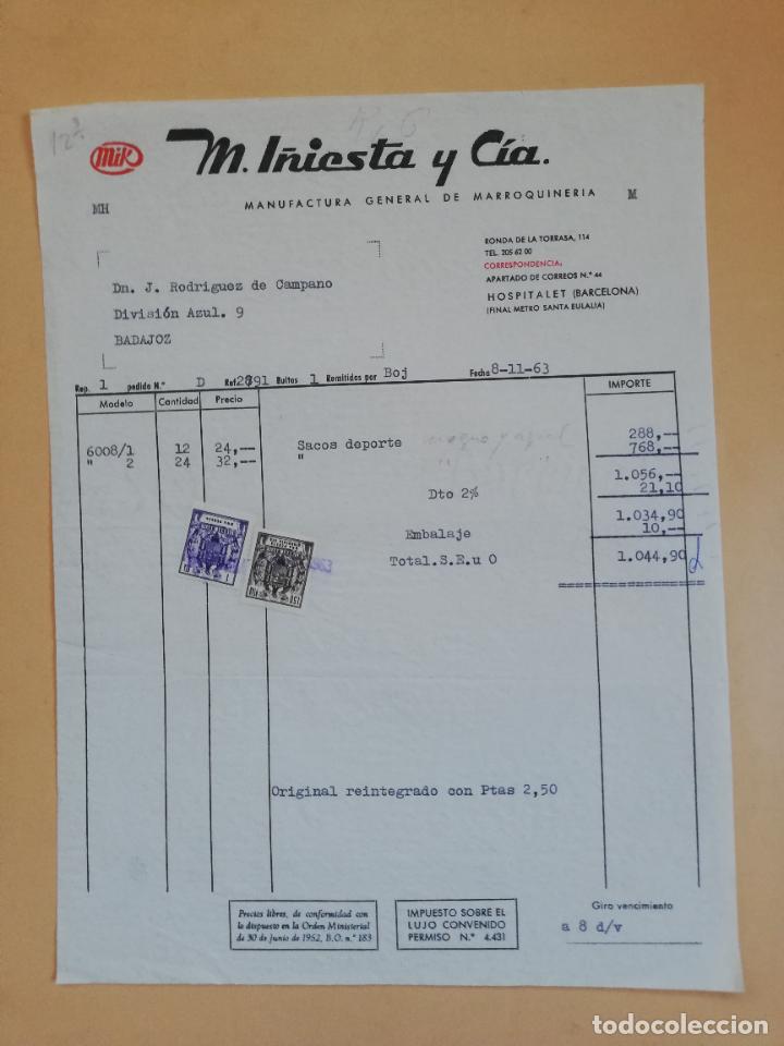 Old Invoices: FACTURA. MANUFACTURA GENERAL DE MARROQUINERIA. MIK, M. I&Ntilde;IESTA Y CIA. HOSPITALET, BARCELONA, 1963.
