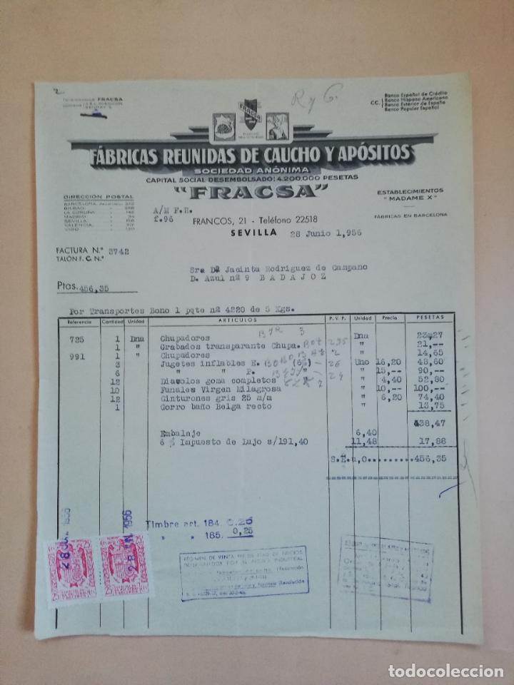 Factures anciennes: FACTURA. FABRICAS REUNIDAS DE CAUCHO Y APOSITOS. FRACSA. SEVILLA, 1956.