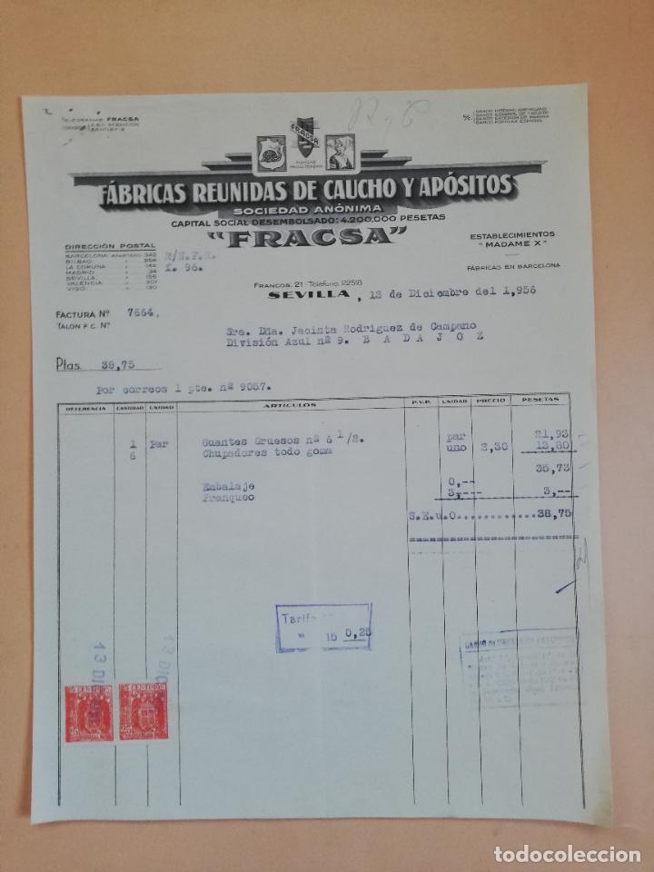 Old Invoices: FACTURA. FABRICAS REUNIDAS DE CAUCHO Y APOSITOS. FRACSA. SEVILLA, 1956.