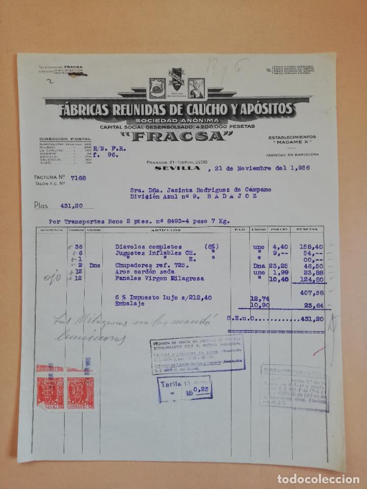 Factures anciennes: FACTURA. FABRICAS REUNIDAS DE CAUCHO Y APOSITOS. FRACSA. SEVILLA, 1956.