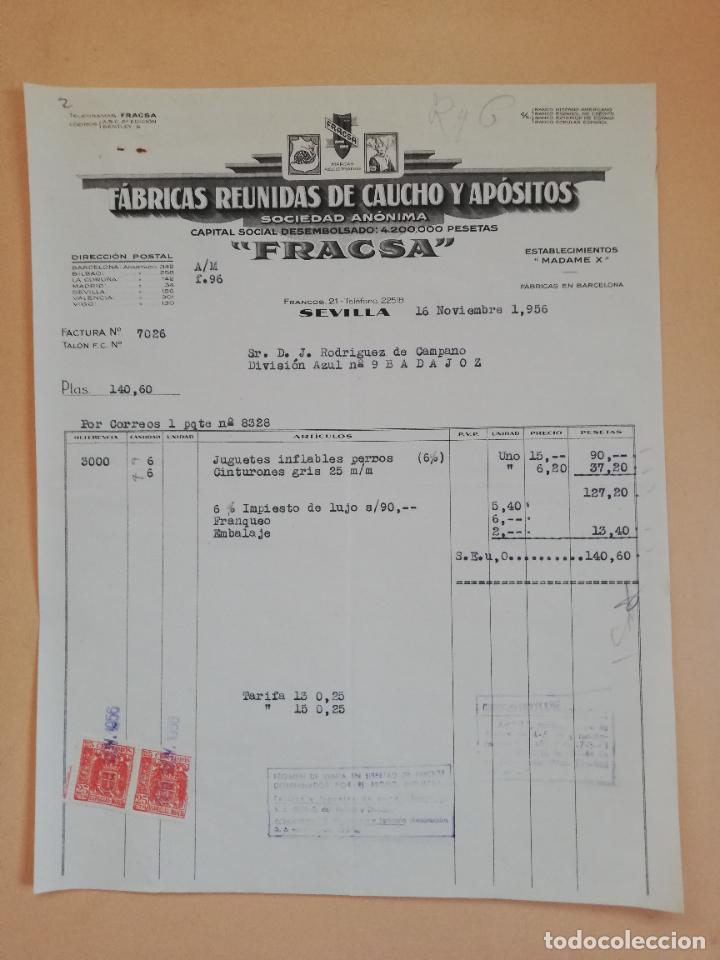 Factures anciennes: FACTURA. FABRICAS REUNIDAS DE CAUCHO Y APOSITOS. FRACSA. SEVILLA, 1956.