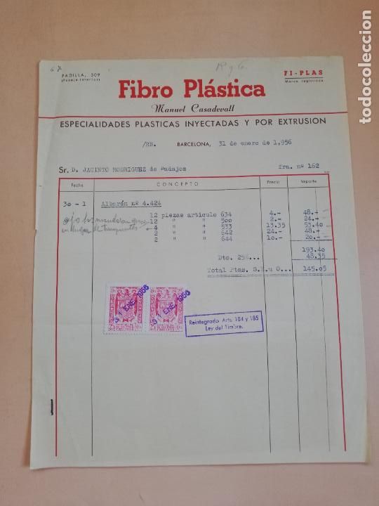 Factures anciennes: FACTURA. ESPECIALIDADES PLASTICAS INYECTADAS. FIBRO PL.ASTICA. MANUEL CASADEVALL. BARCELONA, 1956.