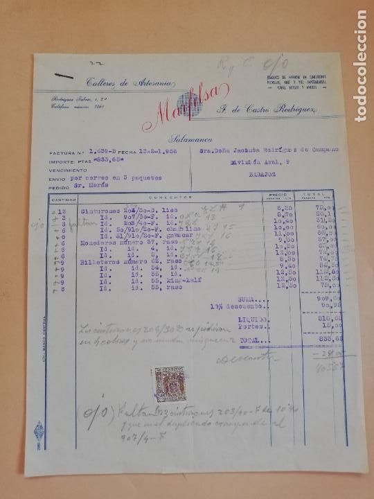 Factures anciennes: FACTURA. TALLERES DE ARTESANIA MARFILSA. SALAMANCA, 1956.