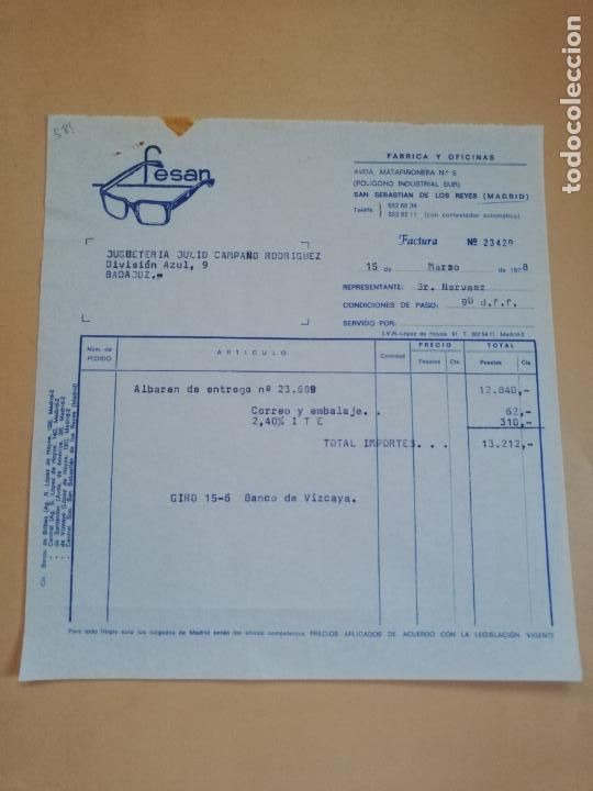 Factures anciennes: FACTURA. FESAN. FABRICA Y OFICINAS. SAN SEBASTIAN DE LOS REYES, MADRID, 1978.