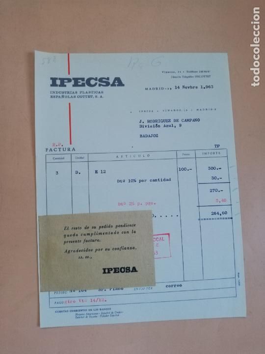 Factures anciennes: FACTURA. INDUSTRIAS PLASTICAS. IPECSA. MADRID, 1963.