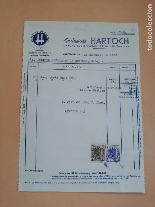 Factures anciennes: FACTURA. EXCLUSIVAS HARTOCH. BARCELONA. 1963.