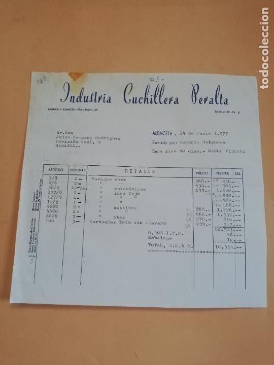 Factures anciennes: FACTURA. INDUSTRIA CUCHILLERIA PERALTA. FABRICA Y ALMACEN. ALBACETE, 1977.