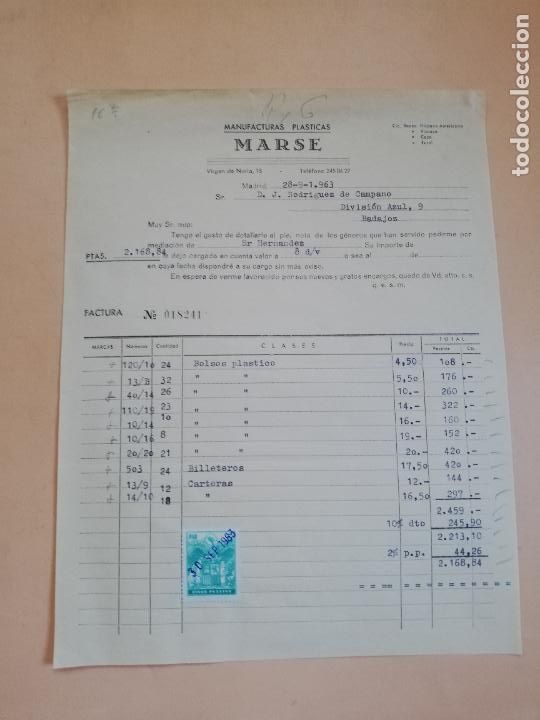 Factures anciennes: FACTURA. MANUFACTURAS PLASTICAS. MARSE. MADRID. 1963.