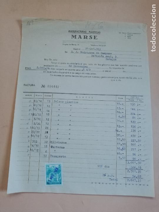 Facturas antiguas: FACTURA. MANUFACTURAS PLASTICAS. MARSE. MADRID. 1963. - Foto 1