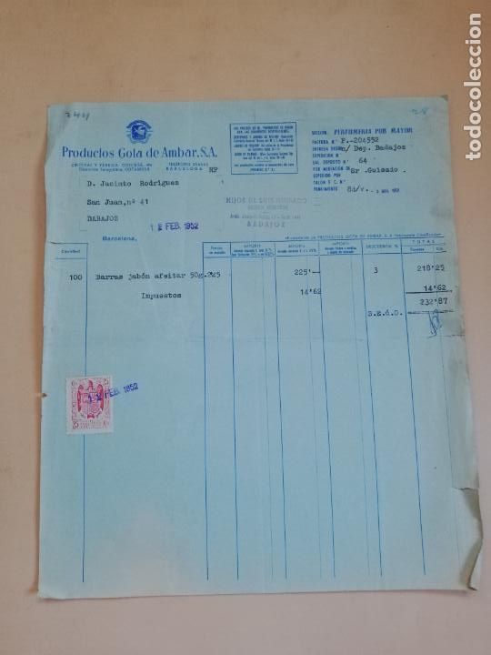 Facturas antiguas: FACTURA. PRODUCTOS GOTA DE AMBAR, S. A. BARCELONA. 1952.