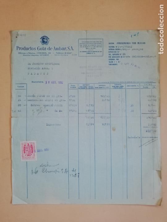Facturas antiguas: FACTURA. PRODUCTOS GOTA DE AMBAR, S. A. BARCELONA. 1952.