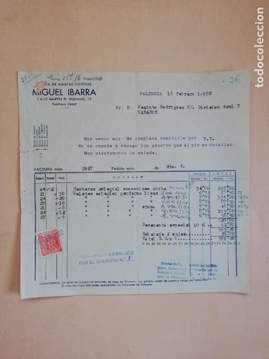 Factures anciennes: FACTURA. FABRICA DE MALETAS COLEGIAL. MIGUEL IBARRA. VALENCIA, 1952.