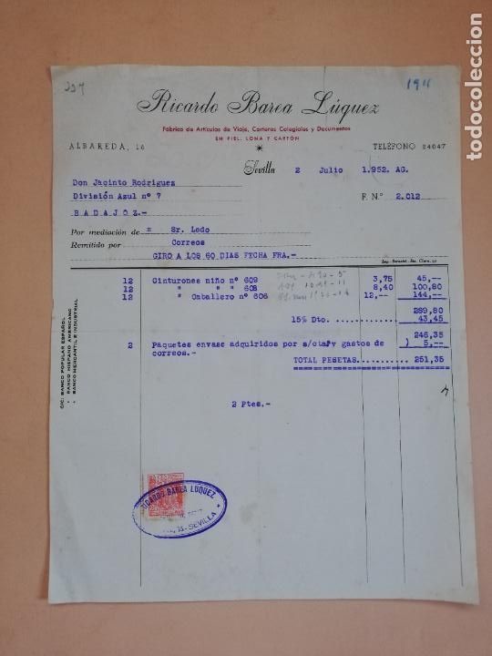 Alte Rechnungen: FACTURA. FABRICA DE ARTICULOS DE VIAJE. RICARDO BAREA LUQUEZ. SEVILLA, 1952.