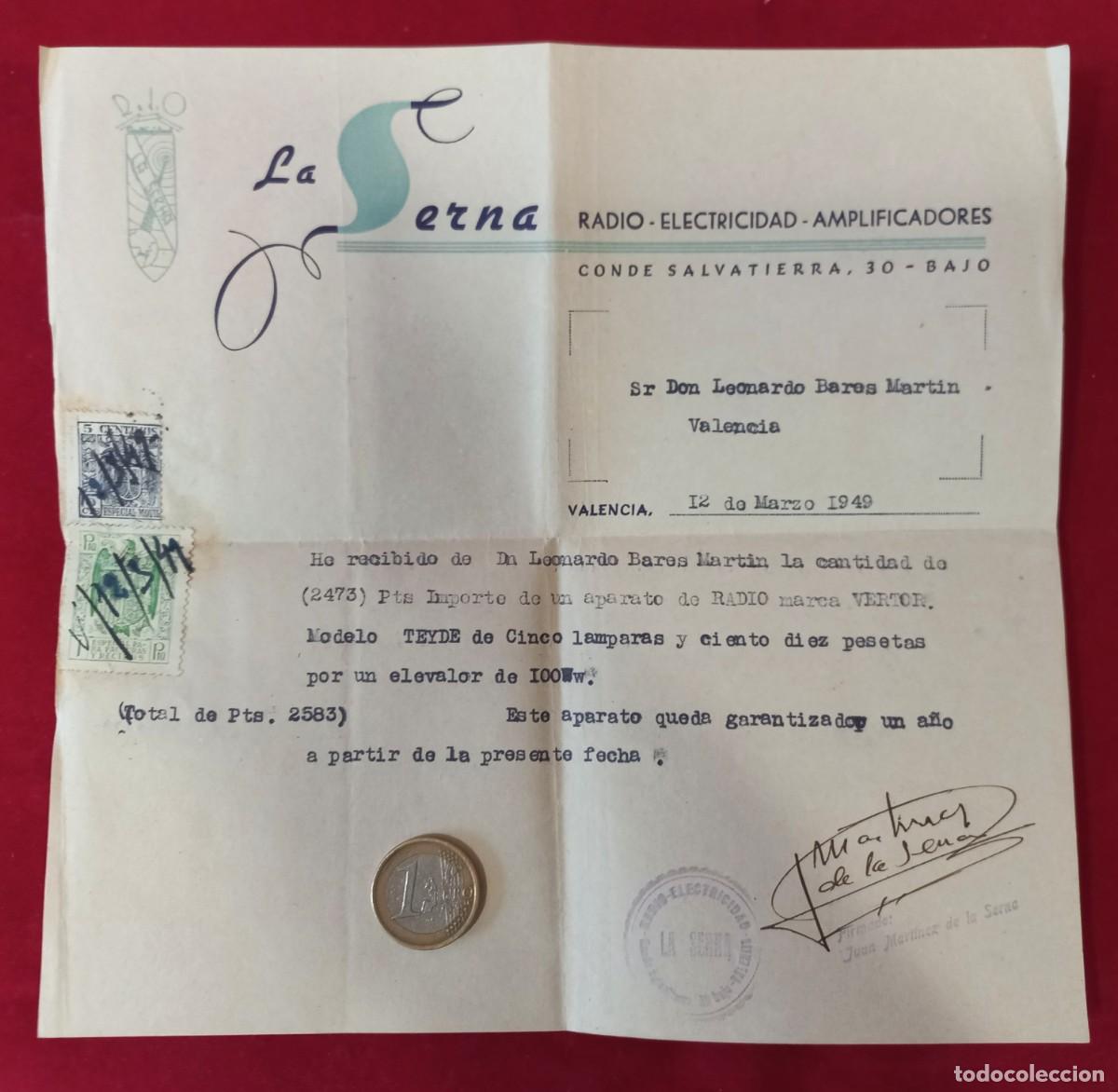 Factures anciennes: FACTURA DE LA SERNA , RADIO, AMPLIFICADORES - VALENCIA A&Ntilde;O 49