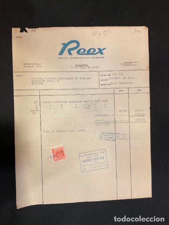 Factures anciennes: FACTURA. REEX. RESINAS EXPERIMENTALES MOLDEADAS. ZARAGOZA. 1956