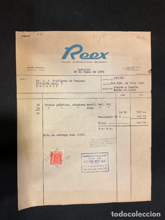 Factures anciennes: FACTURA. REEX. RESINAS EXPERIMENTALES MOLDEADAS. ZARAGOZA. 1956